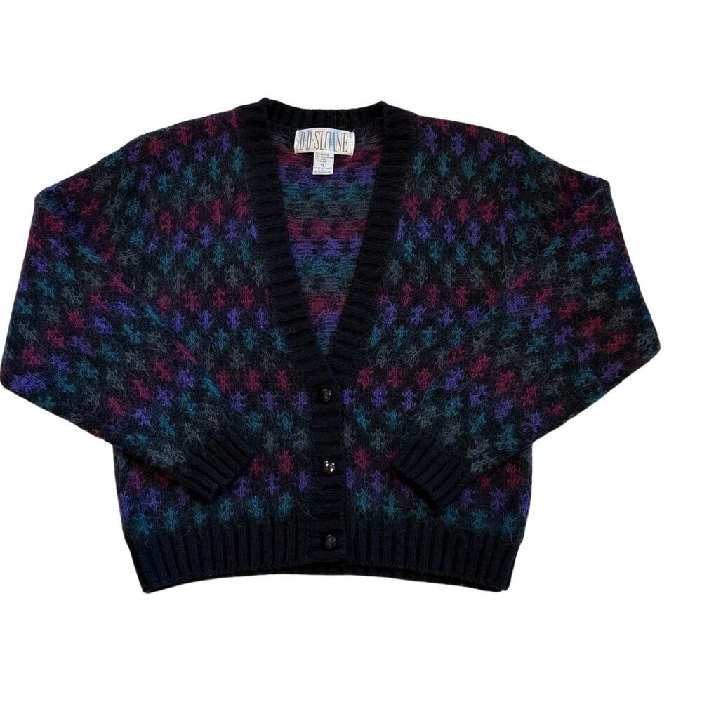 Vintage Cardigan Sweater Womens Small Black Mohair Wool Blend Button Front 80s
